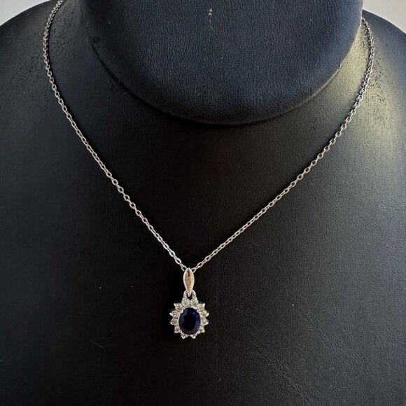 Silver-Tone Necklace With Blue Faceted Glass Rhinestone Pendant & Clear Rhinesto - Picture 3 of 8